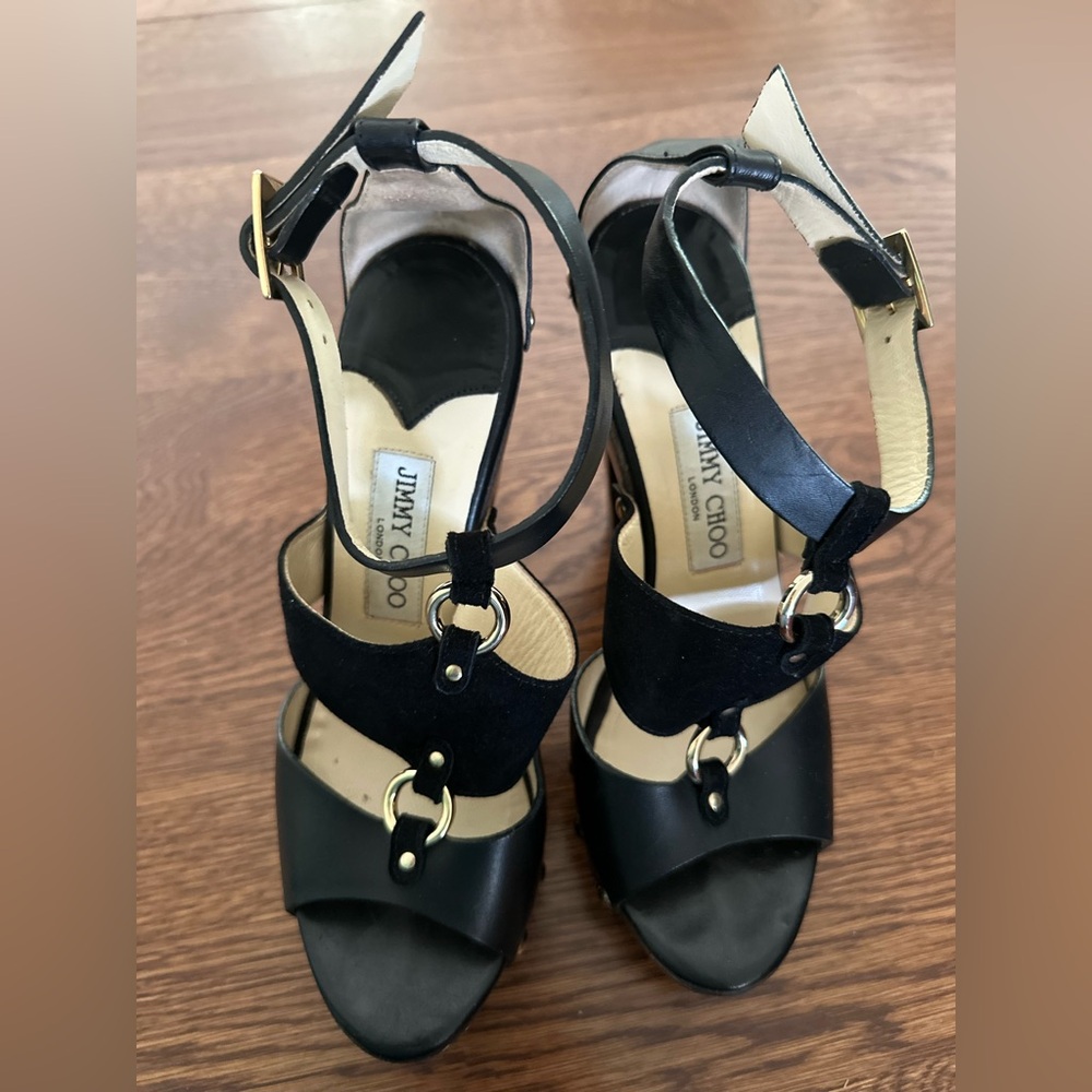 Jimmy Choo Black and Gold Ring-Detail High Heel Sandals